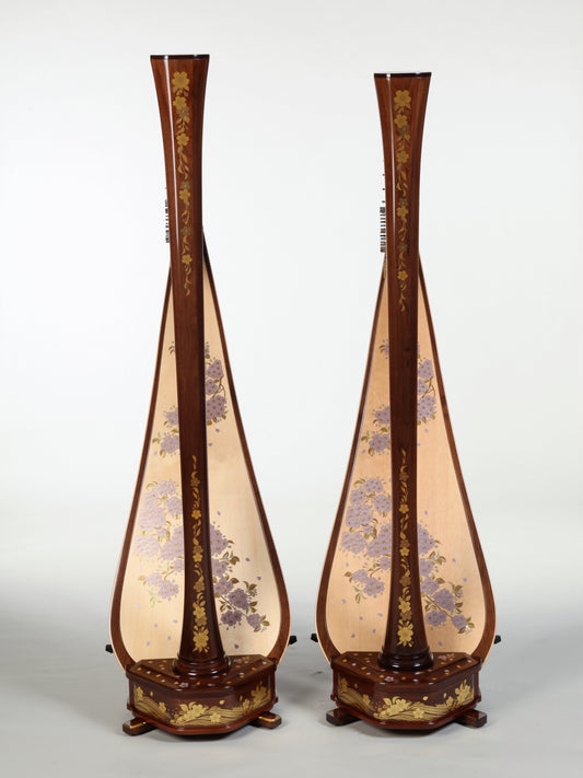 Konzertharfe AOYAMA Princess Sakura 47F in Walnuss mit Kirschblüten Dekor, als Full und Semi Conert, Gesamtansicht