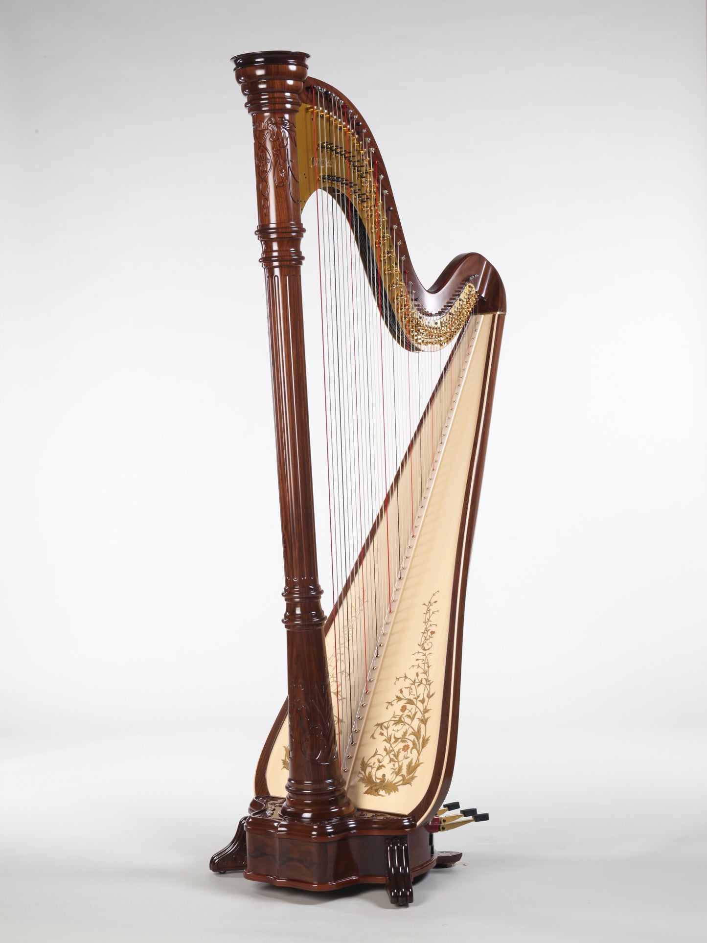 Konzertharfe AOYAMA Delphi 47B mit Resonanzdeckendekor in Walnuss, Gesamtansicht